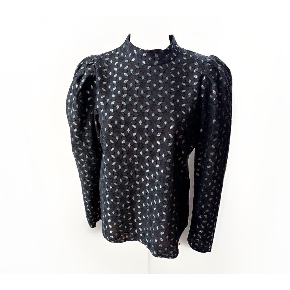WAYF Elan Metallic Lace Blouse Black Silver Puff Sleeve Mock Neck Top Size M